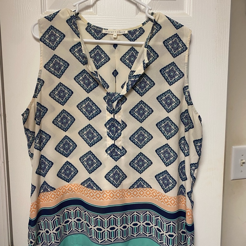 Violet & Claire Blue and Orange Sleeveless Blouse with Mandarin Collar